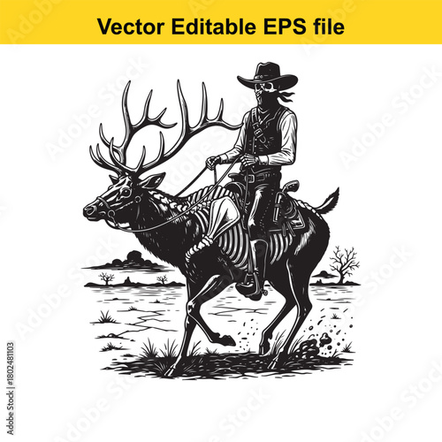 Skeleton cowboy riding a skeleton deer in a desolate, barren landscape with sparse vegetation and a cloudy sky