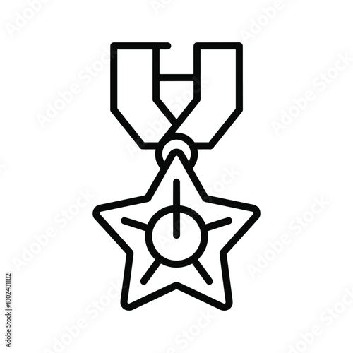 Award medal with star icon, representing military honor, achievement, success, victory, bravery, recognition, merit.