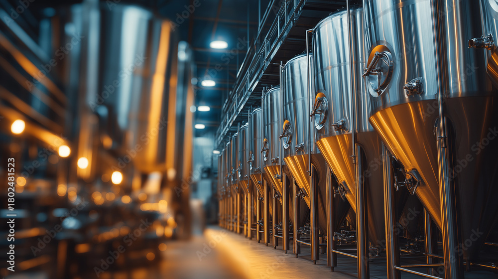 Obraz premium Large brewery production line, stainless steel fermentation tanks, automated bottling system, warm ambient lighting, detailed craft beverage environment.
