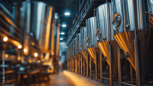 Large brewery production line, stainless steel fermentation tanks, automated bottling system, warm ambient lighting, detailed craft beverage environment.
