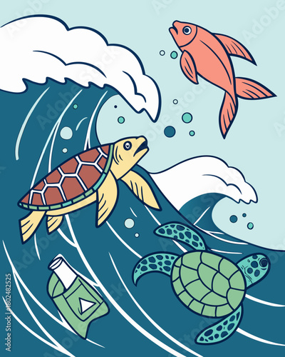 Stylized marine animals trying to escape a wave of plastic waste.