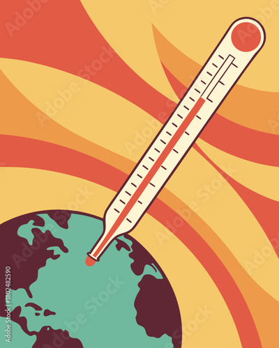 A giant thermometer piercing the Earth with its top glowing red.