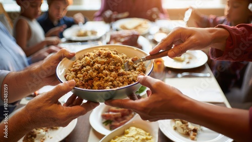 Family passing stuffing at a holiday dinner table food