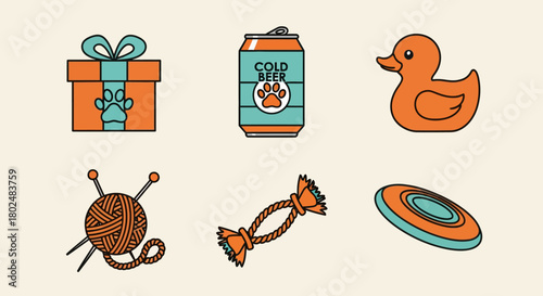 Colorful pet icons: toys, yarn, and more in simple modern design