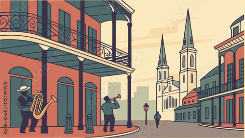 “French Quarter New Orleans with balconies and jazz icons, heritage vector”
