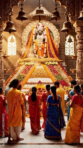 Worshippers praying to a deity at a grand hindu temple ceremony