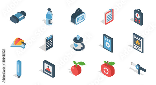 Colorful isometric icons of daily objects and technology gadgets in modern style