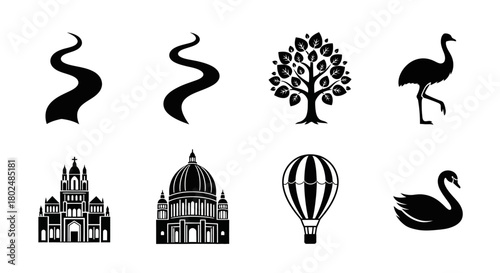 Silhouette icons: trees, animals, buildings, and travel elements