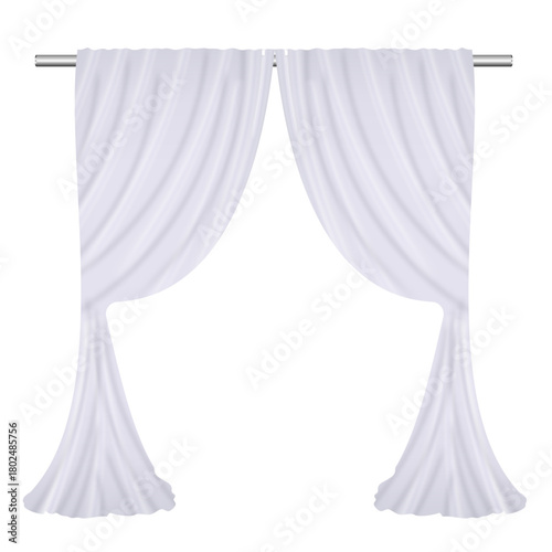 A pair of sheer white curtains draped symmetrically on a silver rod against a white background space