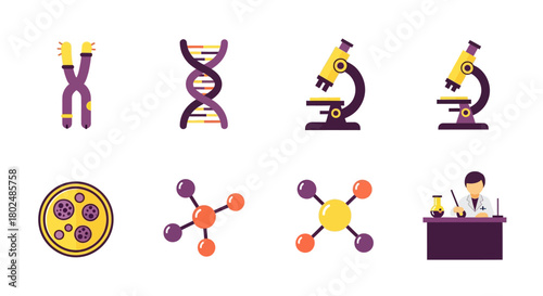 Colorful science icons set featuring dna, microscope, and molecules in flat design style