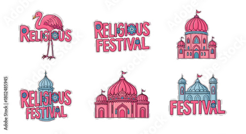 Colorful religious festival designs with flamingo and mosque illustrations