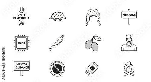 Diverse line art icons featuring nature, technology, and communication elements