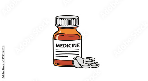 Medicine bottle with pills on white background in cartoon style