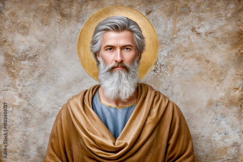 Naklejka premium Saintly man with beard and halo portraying religious icon