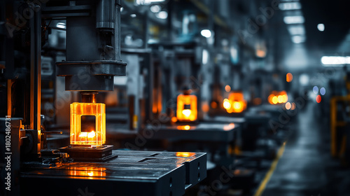 Plastic injection molding factory, molten plastic filling molds, detailed machinery, warm industrial lights, macro realism.