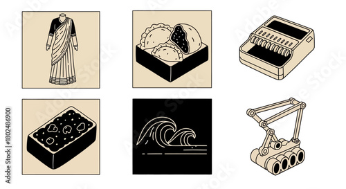 Vintage indian culture and machinery icons in geometric style