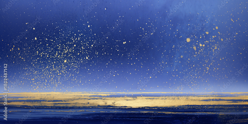 Naklejka premium Ultramarine blue sky with gold splatter horizon. Elegant abstract nightscape.