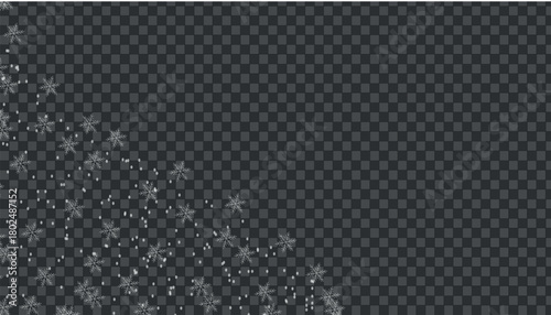 Falling snow and intricate snowflakes, transparent winter overlay