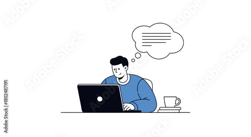 Remote work concept with person on laptop and thought bubble