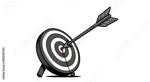 Perfect aim: monochrome arrow strikes bullseye on target board