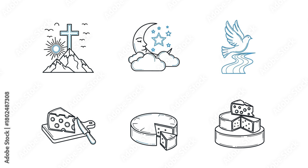 Naklejka premium Minimalist nature and cheese symbols: cross, moon, dove, and cheese illustrations