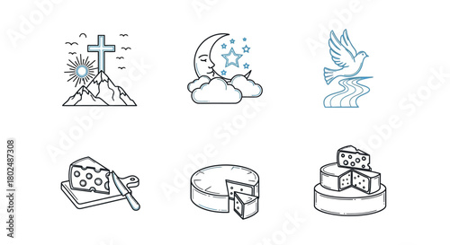 Minimalist nature and cheese symbols: cross, moon, dove, and cheese illustrations