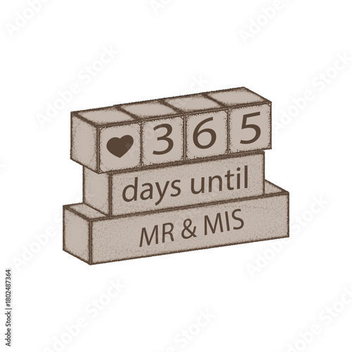 A stacked block display showing a countdown with heart, numbers, days until, and mr and mis text