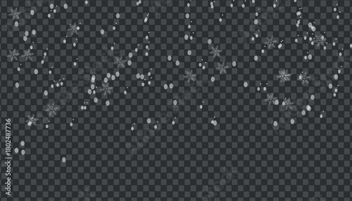 Falling white snow and delicate snowflakes overlay on transparent