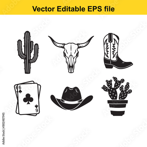 Collection of western icons including a cactus, bull skull, cowboy boot, playing card, and cowboy hat, isolated on