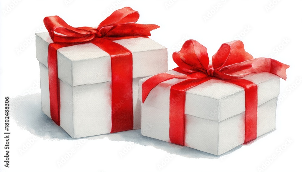 Fototapeta premium Gift Boxes Adorned With Red Ribbons And Bows On A White Background - Perfect For Any Occasion! Add A Touch Of Elegance.