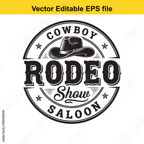 Circular emblem for a cowboy rodeo show saloon with a cowboy hat and stars, isolated on