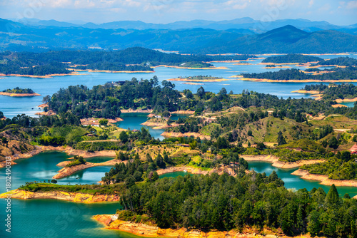 The Lake Penol and its islands in Guatape town, Antioquia, Colombia