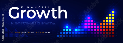 Financial growth bar data analytics AI model metrics. Colored cubes rising bars on dark blue gradient for fintech reports dashboards pitch slides web. Finance graph visuals. Vector illustration