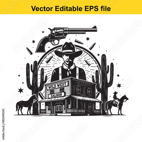 Wild west saloon scene with cowboy, horse, cactus, and gun, isolated on