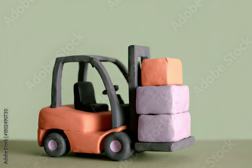 Minimal clay forklift lifting colorful boxes on solid green background with soft lighting and simple composition