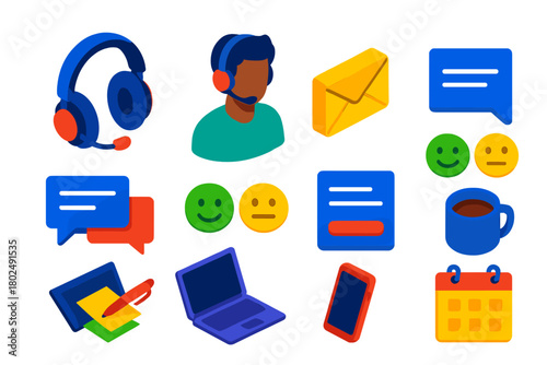 Tech Support Icons. Isometric vector illustration set headset, support agent, email, messaging, feedback, inquiry: cushioned