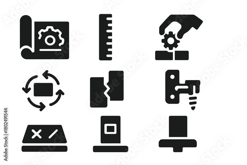 Solid Construction Icons. Solid style icons of machine setup and construction: Blueprint Scroll, Measuring Stick, Hand Adjusting