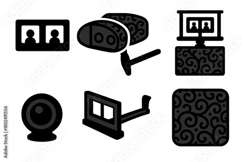 Antique 3D Viewer Icons. Solid style icons of Antique 3D Viewer: Stereoscope, Card, Viewer, 3D Image, Parlor Entertainment, Lens,