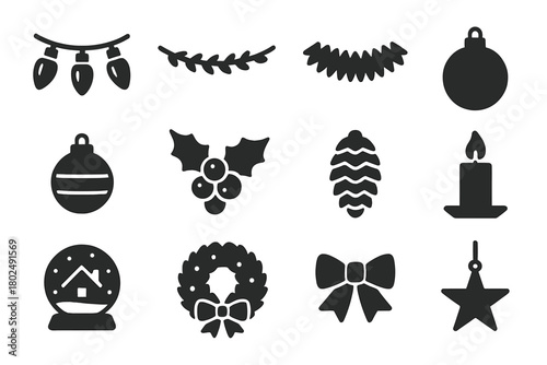 Winter Icon Set. Solid style icons of Winter decorations: Christmas lights, garland, tinsel, ornament, bauble, holly, pinecone,