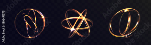 Golden swirling energy loops forming abstract luminous vortex shapes, dynamic glowing motion trails on dark transparent background, futuristic light swirl elements for sci-fi and magic design.
