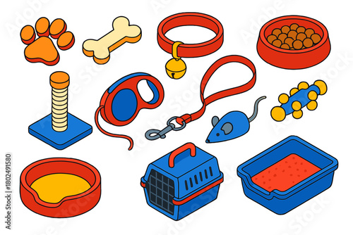 Pet Lover Icons. Isometric vector illustration set designs for dog and cat lovers: paw print icon, dog bone, cat collar with bell,