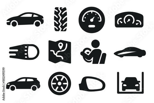 Car Design Elements. Solid style icons of Car inspiration: car sketch, tire pattern, dashboard design, headlight illustration,