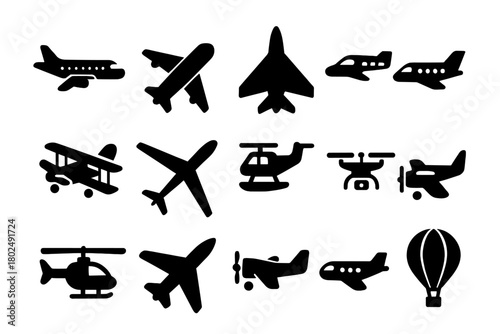 Aerial Vehicles Icons. Solid style icons of Airplanes and flight: passenger plane, cargo plane, fighter jet, private jet, biplane,