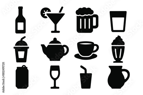 Restaurant Drink Icons. Solid style icons of Restaurant drinks: wine bottle, cocktail glass, beer mug, water glass, juice cup,