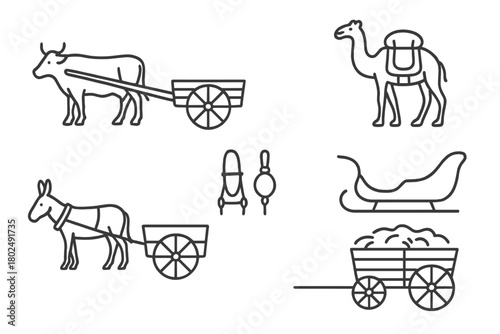 Traditional Vehicle Icons. Line style icons of Traditional Animal-Drawn Vehicles: ox cart, camel caravan saddle, donkey cart,