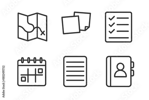 Paper Icon Collection. Line style icons of Paper-Based Replacements: printed map, sticky notes, paper checklist, spiral-bound