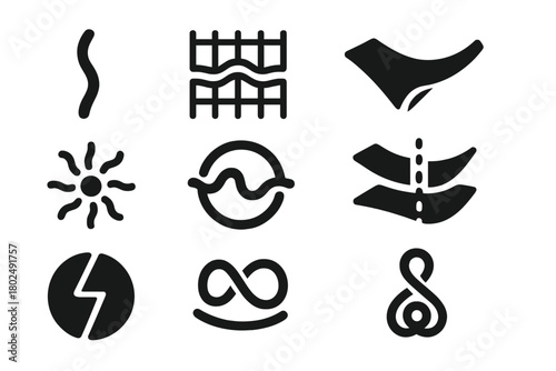 Topological Defect Icons. Solid style icons of topological defect concepts: Cosmic String Line, Spacetime Ripple Grid, Curved