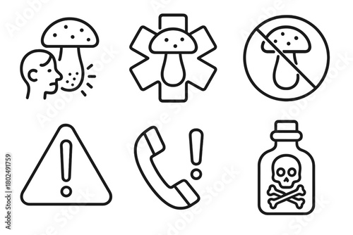 Mushroom Safety Icons. Line style icons of Mushroom Safety Warnings: allergic reaction symbol, medical alert icon, do not eat sign