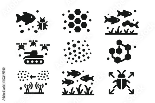 Swarm System Icons. Solid style icons of swarm system diversity: Mixed Species Swarm, Multi-Scale Pattern Symbol,