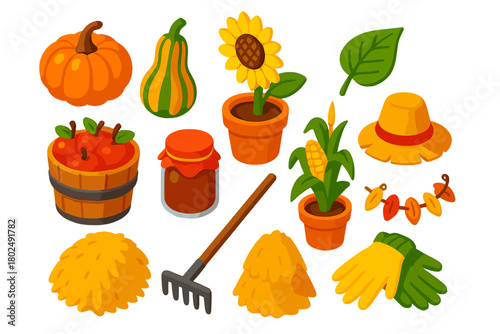 Vibrant Harvest Icons. Isometric vector illustration set pumpkin, sunflower, apples, and more: decorative pumpkin, striped gourd,